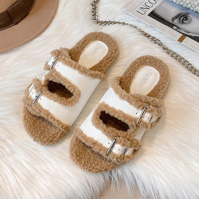 Damen Pantoffeln für den Außenbereich Wildleder Warme Hausschuhe Damen Außen Dicke Sohle Doppelte Schnalle Pelz Pantoffeln Flacher Boden 41 weiß