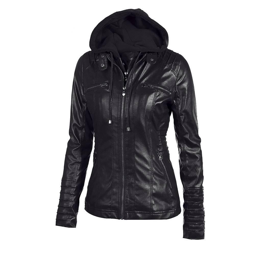 MakeWishes Plus Größe S-7XL Frauen Leder PU Mit Kapuze Zipper Motorrad Biker Jacke Mäntel Herbst Winter Warme Mantel L schwarz