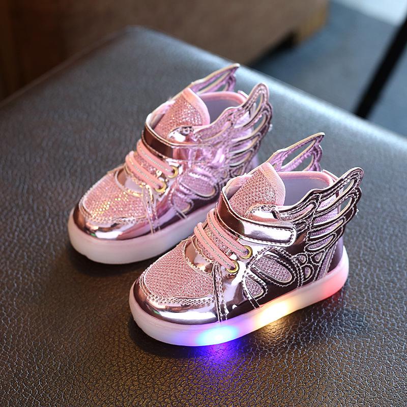Kinder Neue Frühling Herbst LED Leuchtende Blinkende Schuhe Flügel Kinder Schuhe Schatz Schuhe Jungen Mädchen Casual Sport Schuhe 26 16CM rosa