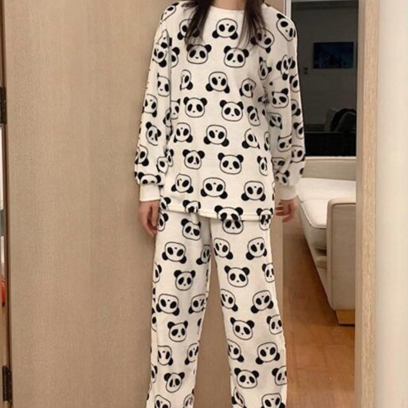 Neue Korallenfleece Weiche Damenkleidung Niedlicher Panda-Druck Pyjamas für Damen Rundhals Langarm Herbst Damen Zweiteiler L weiß