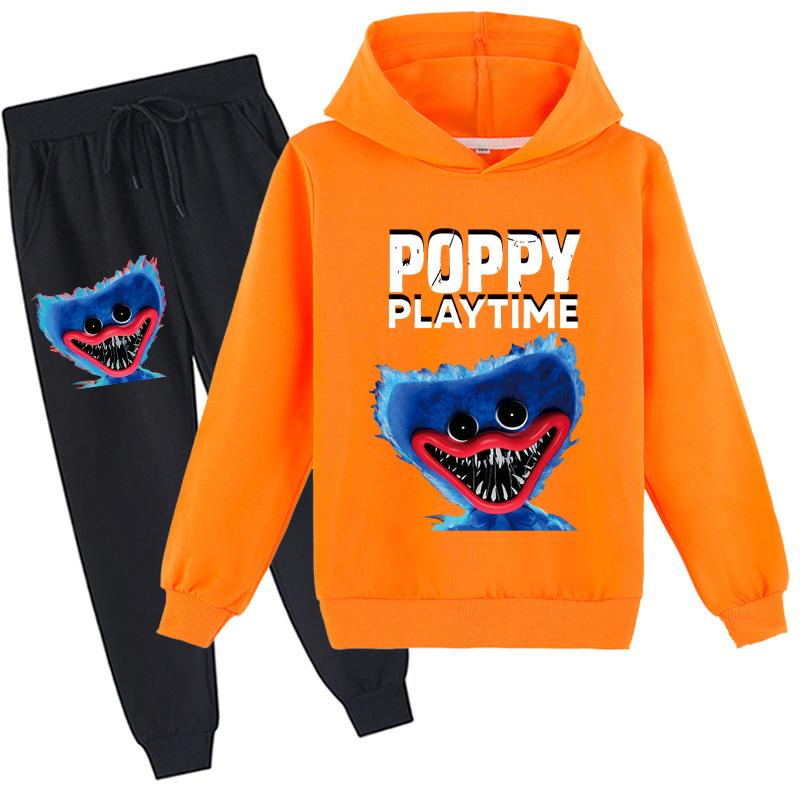 3D-Hoodie-Set für Kinder Huggy Wuggy Pullover-Trainingsanzug Poppy Playtime Kinderpullover + Hose 140cm orange