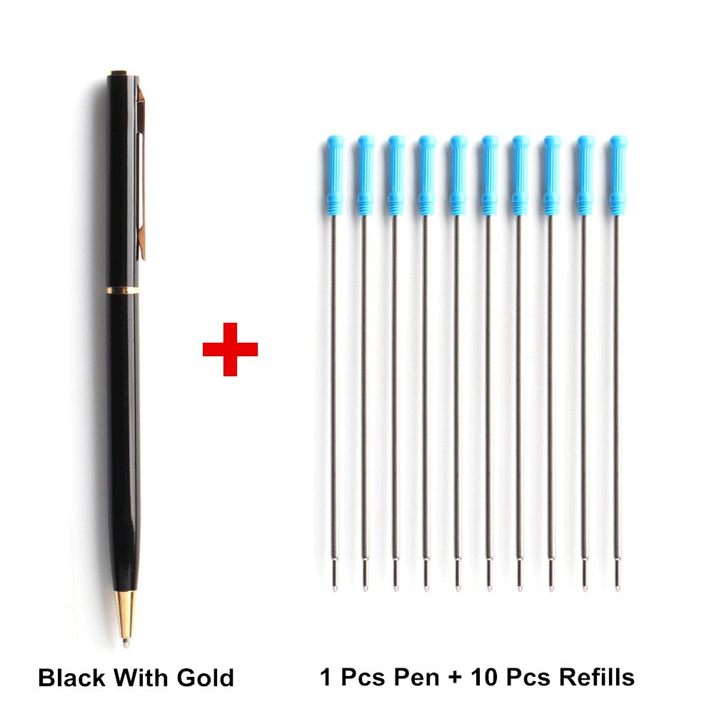 1 Stift + 10 Minen. Metall-Kugelschreiber mit Minen für das Schulbüro. Edelstahlmaterial. Drehbare Stifte für Schreibwaren 11 Pcs Black gold blau