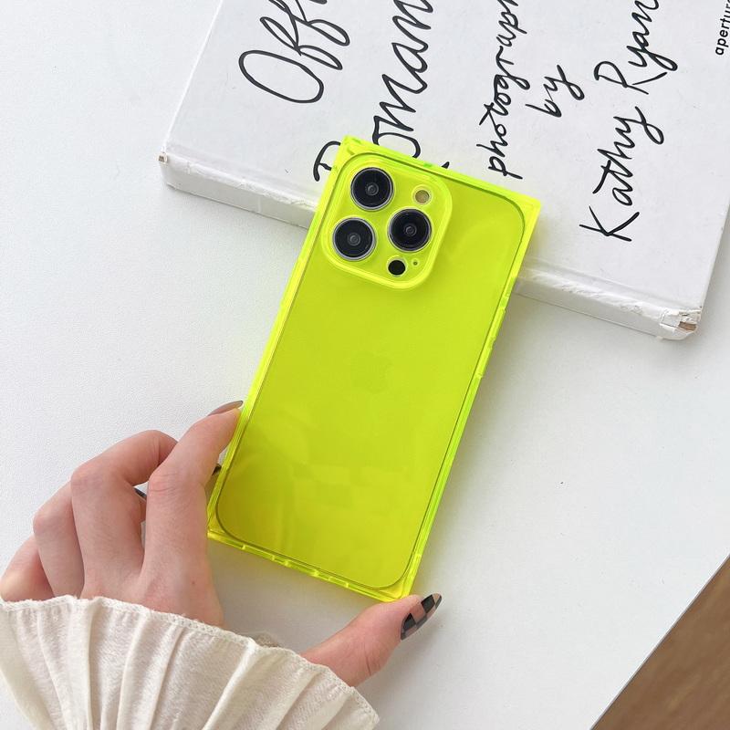 Neon Fluoreszierende Farbe Quadratisch Transparent Handyhüllen Für iPhone 17 Pro Max Air 16 15 14 13 Vollständiger Objektivschutzhülle iPhone 15 gelb