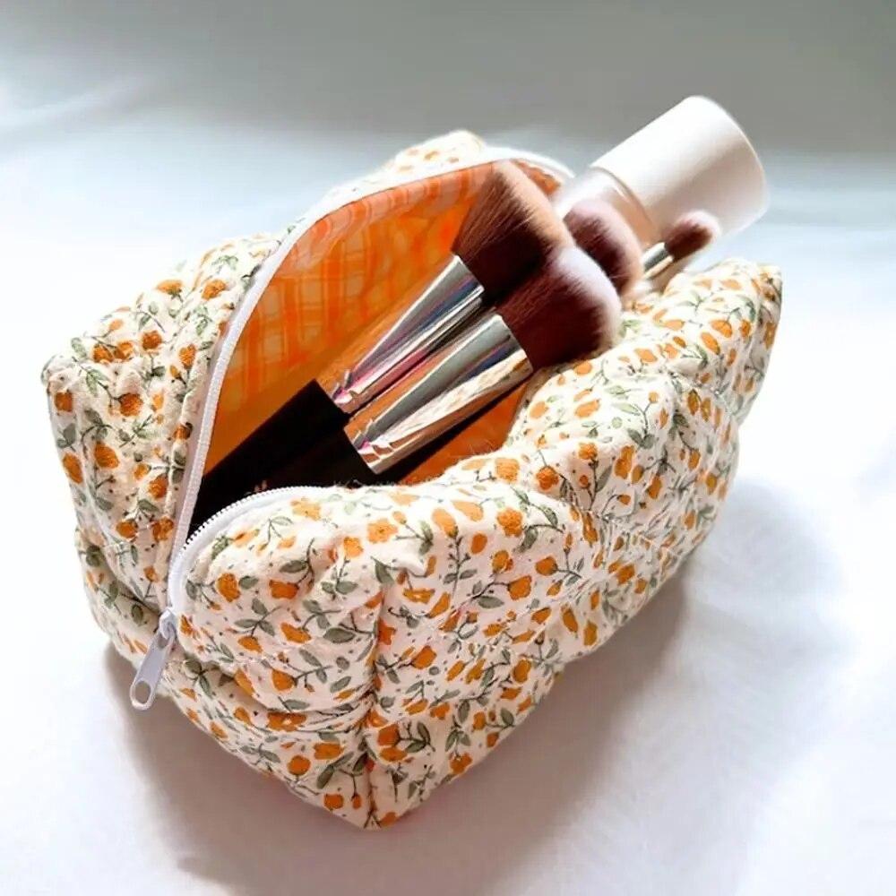 Make-up-Tasche mit Blumenmuster, Reißverschluss, Aufbewahrung, Organizer, Make-up-Zubehör, Kulturbeutel, Kosmetiktasche, Reise-Kosmetiktasche orange