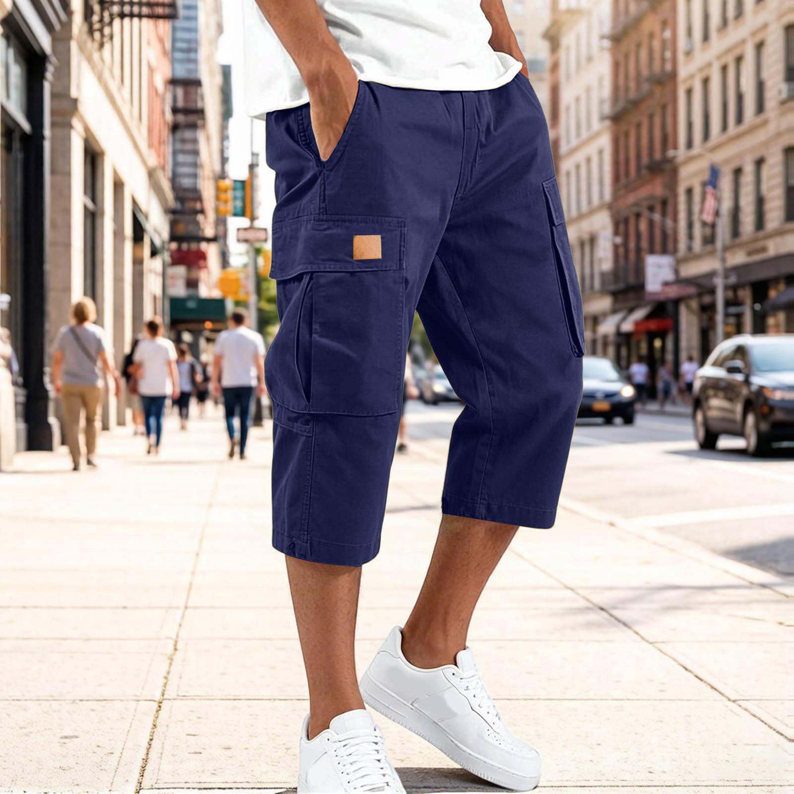 Herren Cargohosen Stretch-Taille Mehrere Taschen Lässige Knielange Shorts Strapazierfähiger Stoff Bequeme Passform XXXXL dunkelblau