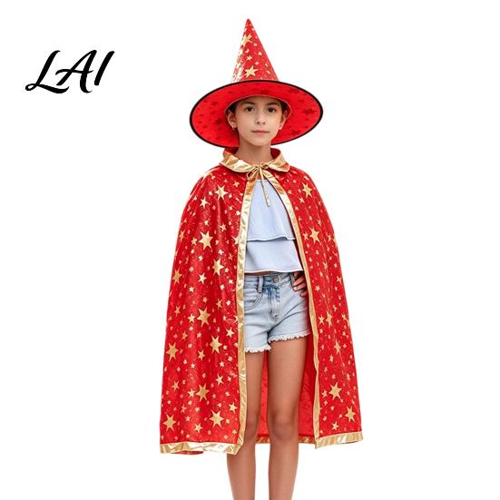 Sternenmuster Zauberer Kleidung Kinder Umhang mit Hut für Jungen Mädchen Halloween Hexenmuster Umhang Kostüm Requisite Party Cosplay Outfit Kostüm Fotoshootings rot