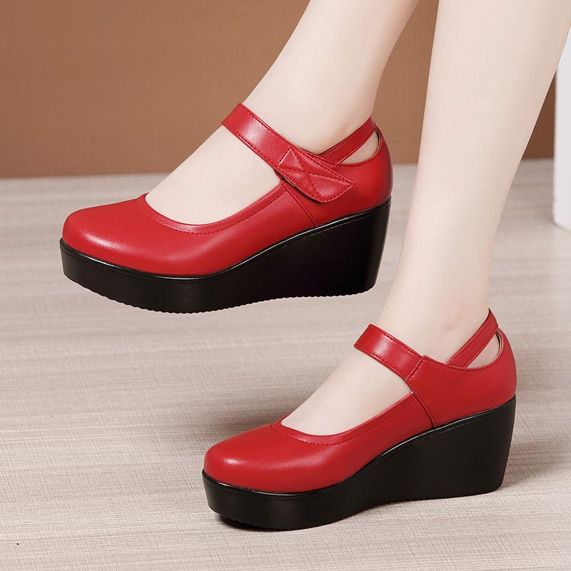 Runde Zehen-Keilabsatz-Pumps für Damen, Mary-Jane-Schuhe, dicker Boden, Lederschuhe, Plateau-Pumps, Modemarke, große Größe 35