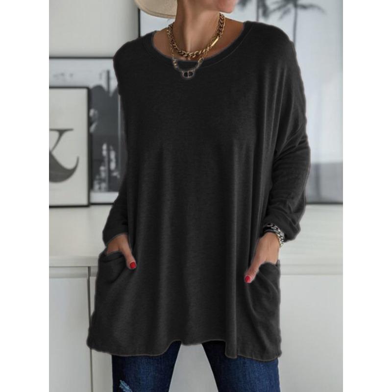 Damenmode, lässig, einfarbig, langärmelig, O-Ausschnitt, Blusen und Hemden XXXXXL schwarz