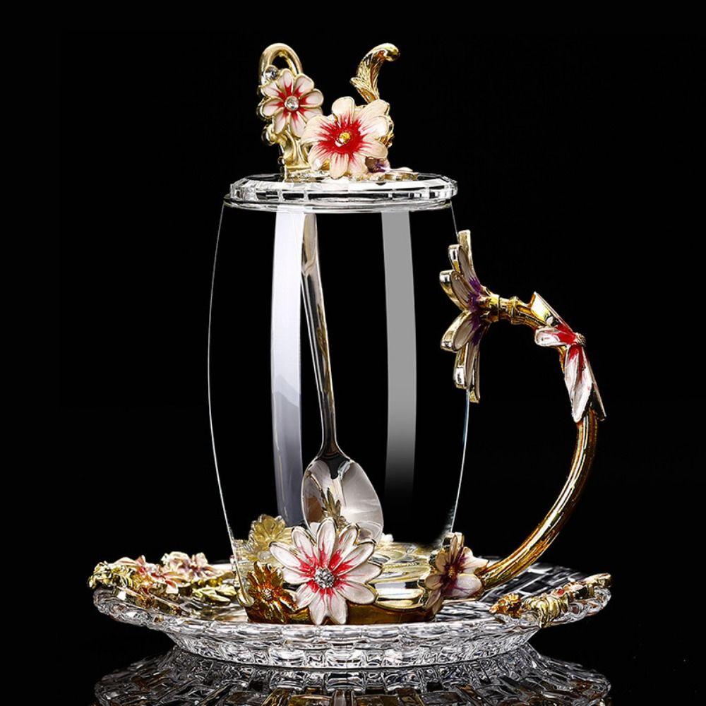 Emaille-Blumen-Teetassen-Teller-Set, elegantes Blumen-Teetassen-Set, ausgefallene Glas-Kaffeetassen, Mutter-Geschenk Hight Cup&Spoon&Lid&Plate