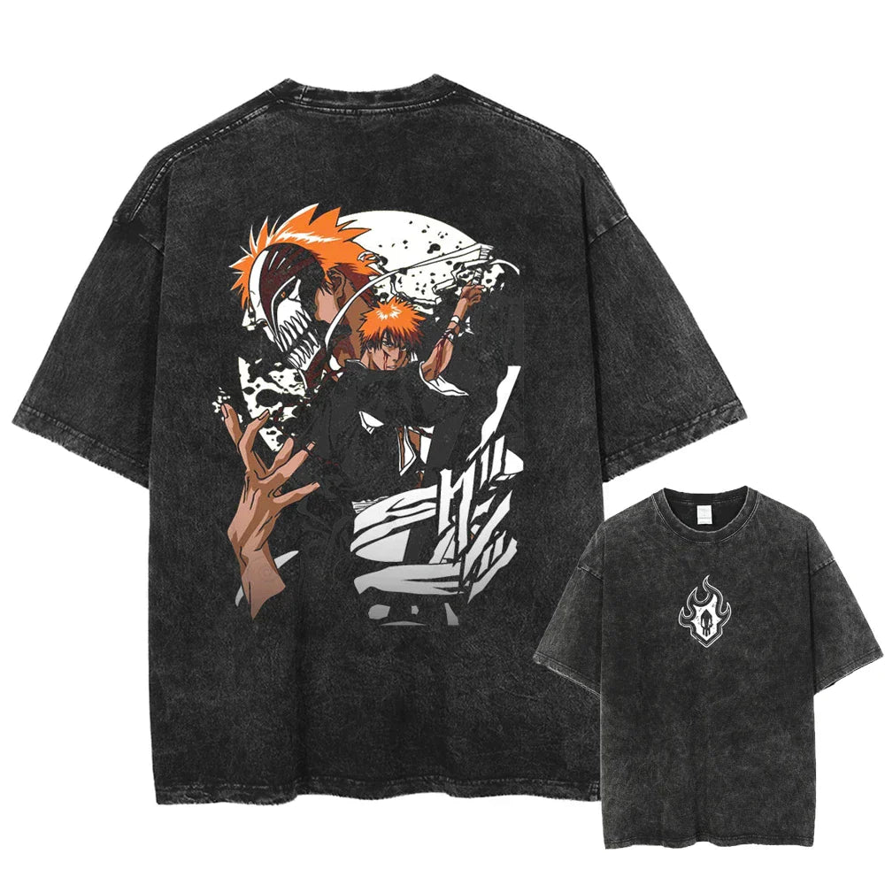 BLEACH Aufdruck Gewaschenes Übergroßes Herren Damen T-Shirt Vintage Street Baumwoll-T-Shirt Kurzarm Kleidung Lässige Streetwear Lockere Damen Herren Kleidung XXXL black