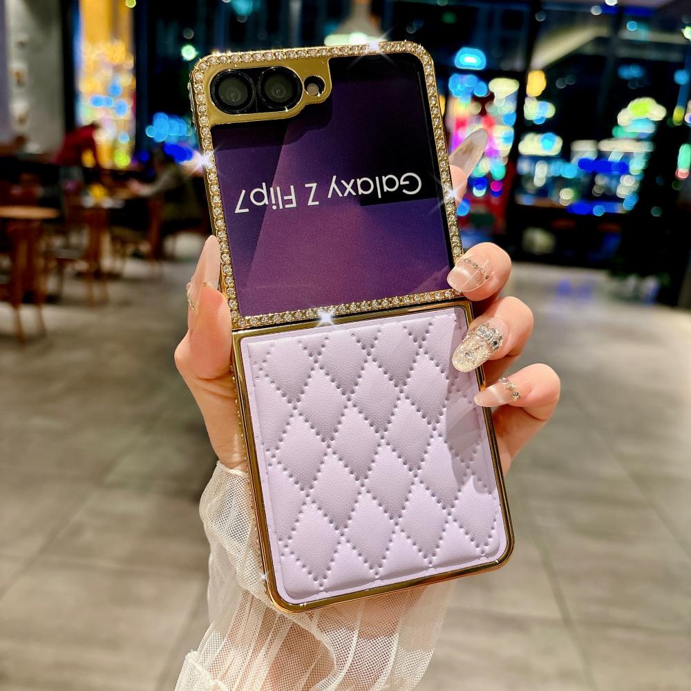 Lammleder gesteppte Lederhülle für Samsung Galaxy Z Flip 7 6 5 4 3 Hülle Bling Diamant Stoßfest für Samsung Galaxy 7 6 5 Z Flip Galaxy Z Flip4 violett