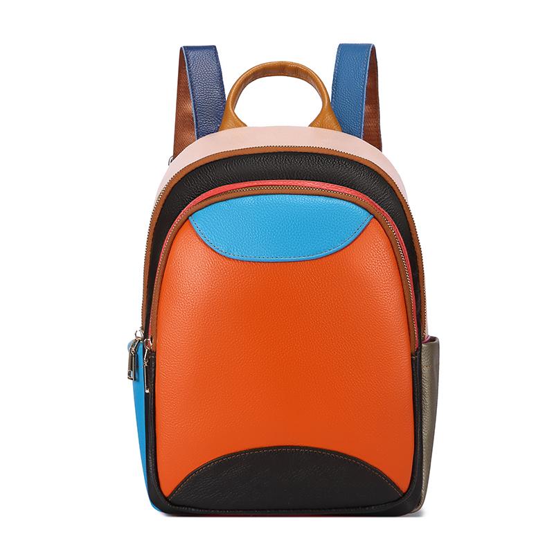 100% Echtes Leder Damen Rucksäcke Große Kapazität Mehrere Taschen Umhängetaschen Lässige Mode Farb-Patchwork Rindsleder Rucksack 25cm 13cm 33cm orange