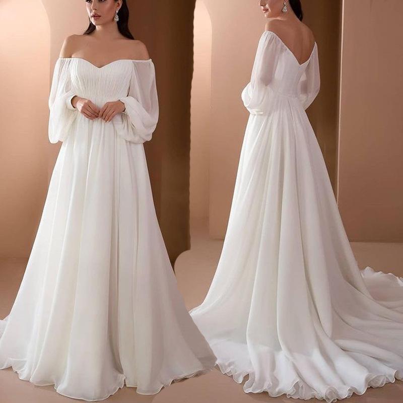 Sexy Damen-Hochzeitskleid mit langen Ärmeln, solides Temperament-Abendkleid XXL weiß