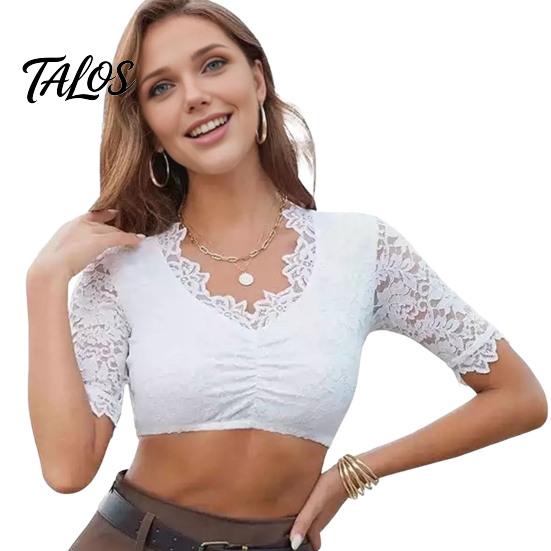 Traditionelle deutsche Dirndl Bluse Damen Blumen Spitze Crop Top, Bayerisches Oktoberfest Kostüm Bluse, Kurzärmliges Transparentes Cropped Hemd Sexy Top M brown