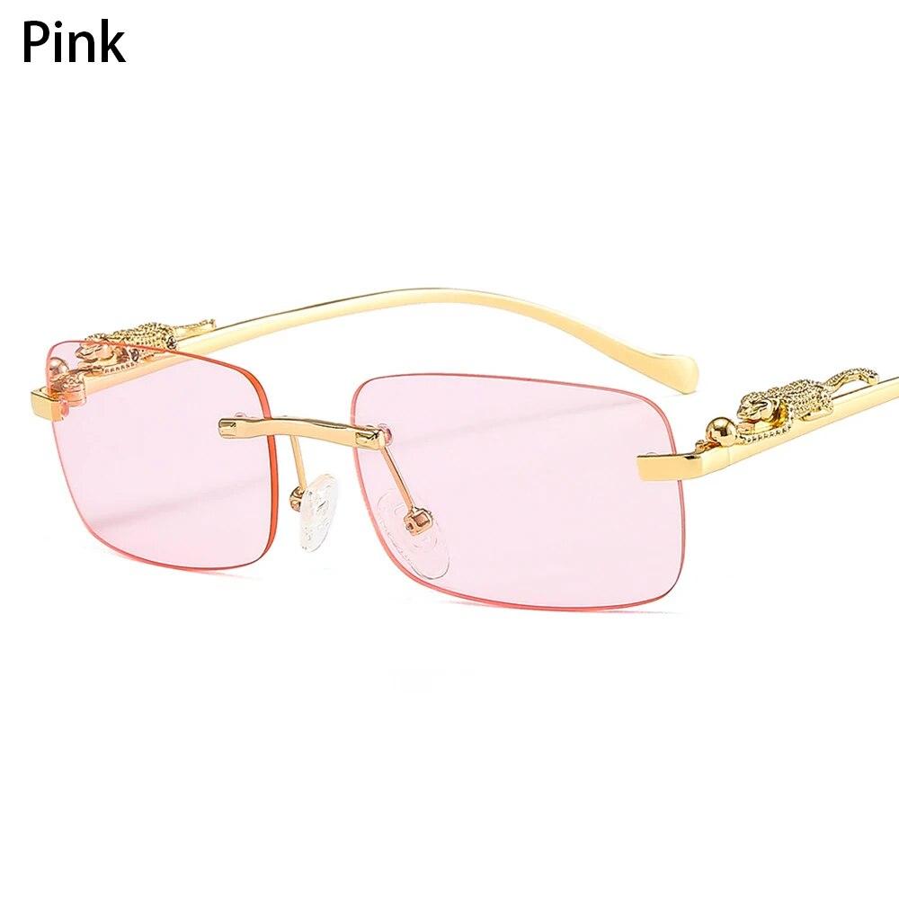 Randlose Rechteckige Sonnenbrille Retro Klare Ozeanlinse Sonnenbrille Geparden Dekoration Shades UV400 Brillen für Damen Herren rosa