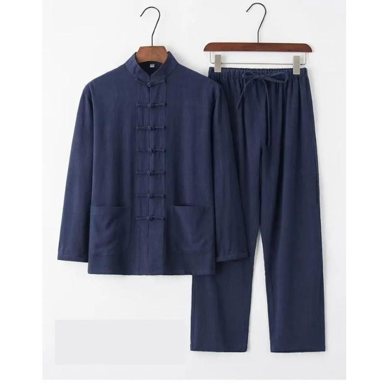 Herren Baumwolle Leinen Tang Anzug Langarm Set Retro Knopfleiste Herrenbekleidung Mittleren Alters und Ältere Locker Tai Chi Anzug 5XL navy blau