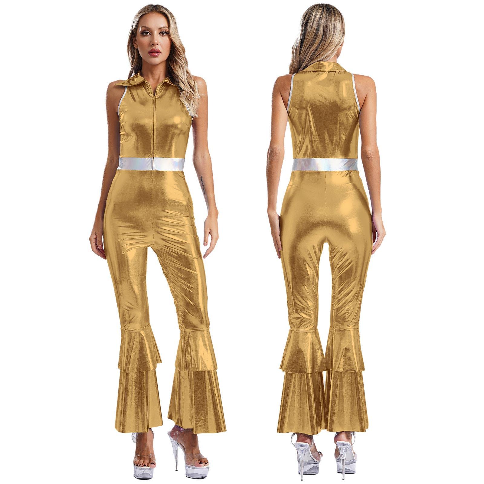 Damen Metallic-Jazz-Modern-Dance-Overall, 70er-Jahre-Disko-Mottoparty, Sängerin, Tänzerin, Cosplay-Kostüm für Halloween, Karneval, Rave S gold