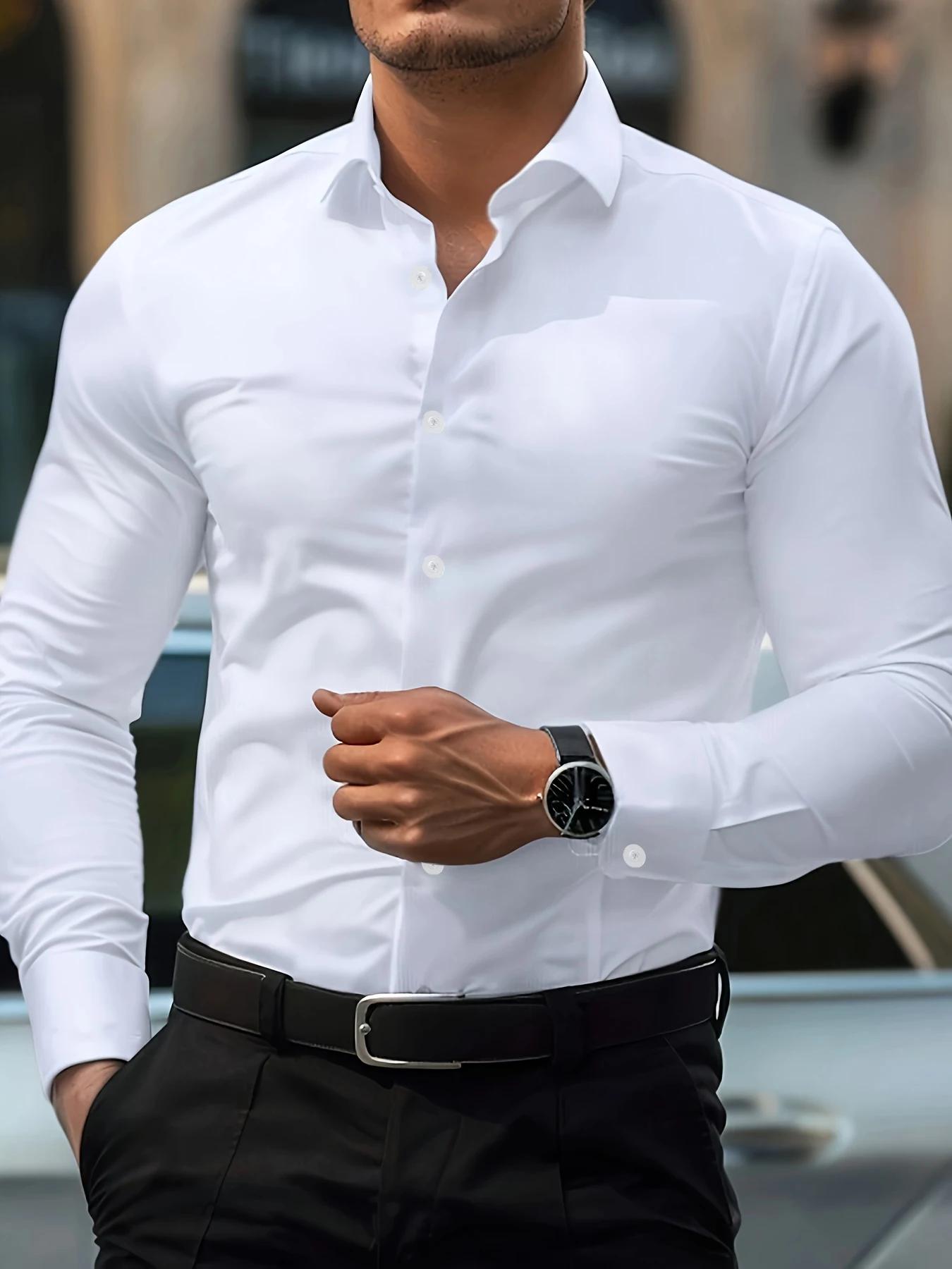 Bolubao Neue Herrenhemden Mode Langarm Lässig Einfarbig Elastisch Männlich Hochzeitskleid Hemd L weiß