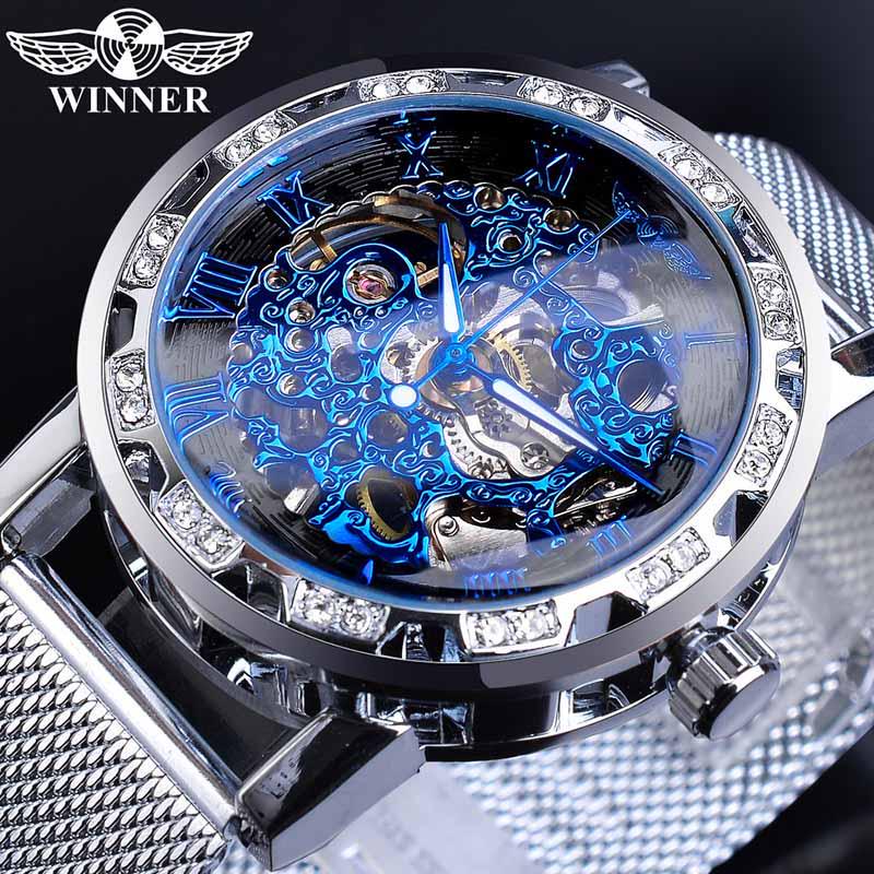 Gewinner Goldene Uhren Männer Skeleton Mechanische Uhr Kristall Mesh Schlank Edelstahl Band Top Marke Luxus Hand Wind Armbanduhr Business uhr silber