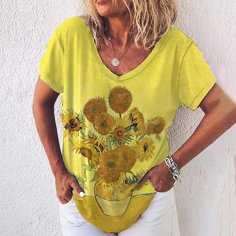 Van Gogh Ölgemälde T-Shirts Sonnenblume 3D Druck Frauen Übergroßen Streetwear V-ausschnitt T-shirt Harajuku Y2k Tops Frau Tees Kleidung 5XL yellow