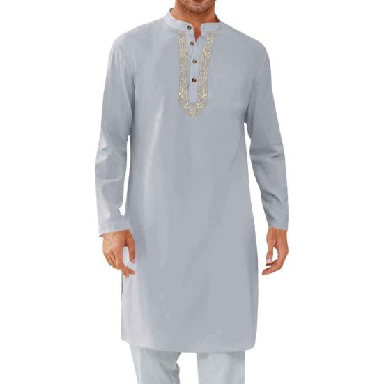 Herren Kaftan Robe O-Ausschnitt Langarm Abaya Atmungsaktive Button-up Thobe Arabische Ihram Kleidung für legere Anlässe Gebete S grau