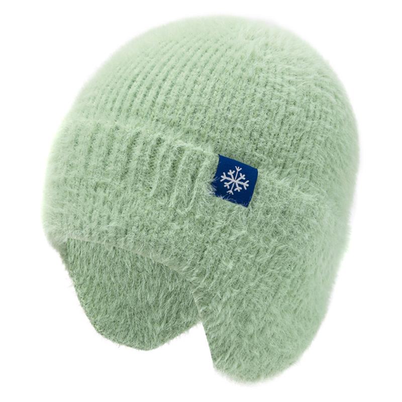 Neue Frauen Candy Farben Earflap Winter Hut Mode Faux Pelz Gestrickte Hut Kpop Stil Weichen Beanie Hüte Weibliche Streetwear Kappe 54cm-58cm hellgrüne