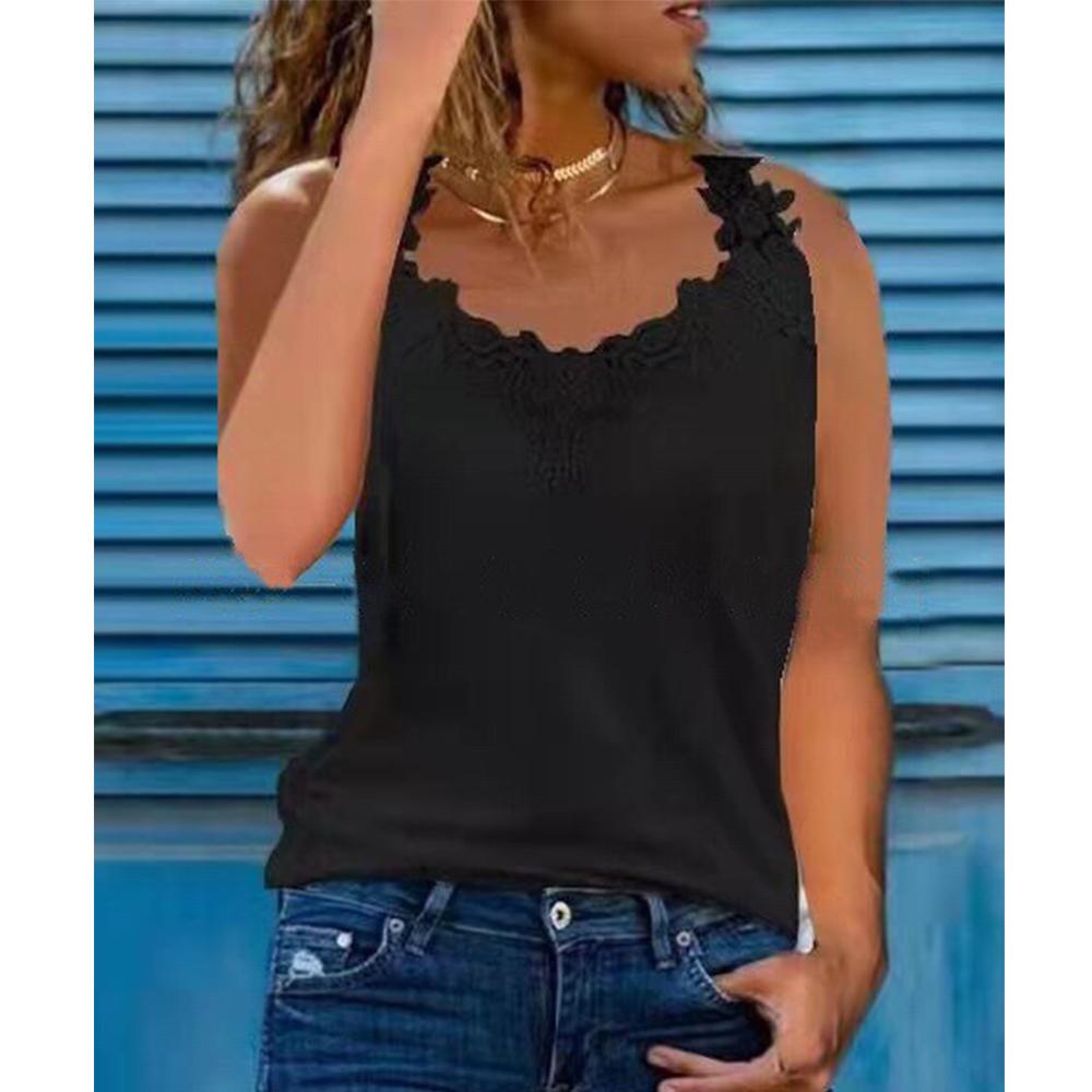 Damenmode-Weste, Sommer, Übergröße, Freizeithemd, Spitze, Nähen, ärmelloses Oberteil L schwarz