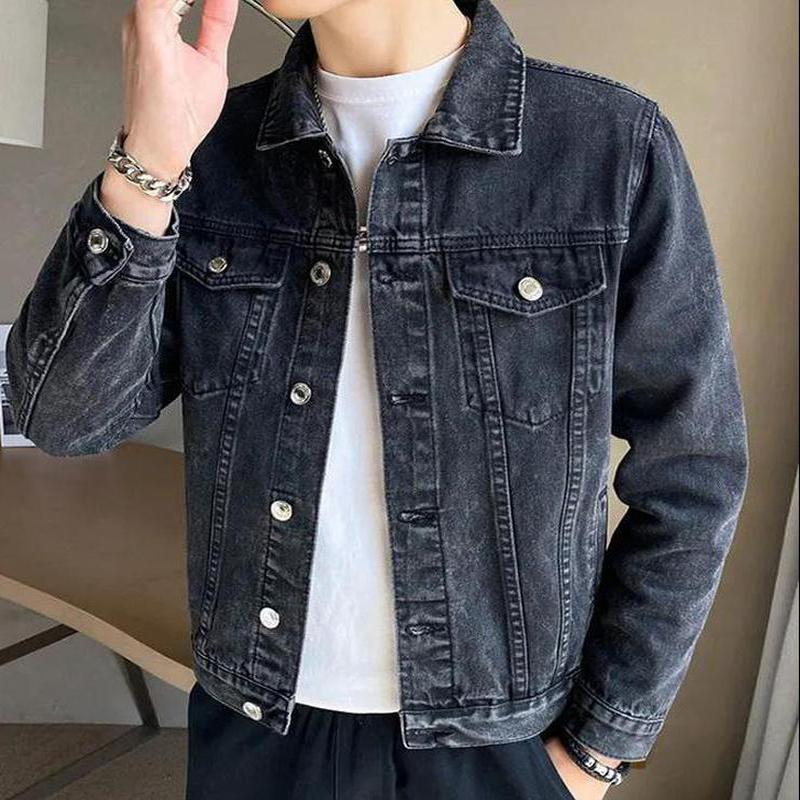 Herren-Jeansjacke für Frühling und Herbst, langärmelig, lässige Freizeitjacke, locker, schwarz, solide, dünn, koreanischer Stil, Trend, High-End-Revers-Baumwoll-Jeansjacke XL black
