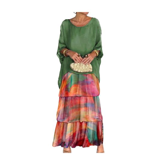 Abendkleid, mehrlagiges, verstreutes Kuchensaum, Kontrastfarbdruck, Maxikleid mit halblangen Ärmeln, Fledermausärmeln, weites Chiffonkleid mit Rundhalsausschnitt für Party und Abschlussball XL bunt