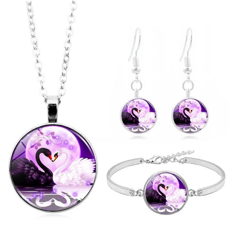 Schmuck, Lila Runde Marke, Schwarz und Weiß Schwan, Zeit Edelstein Halskette, Armband, Ohrringe, Schmuck Set Frauen violett