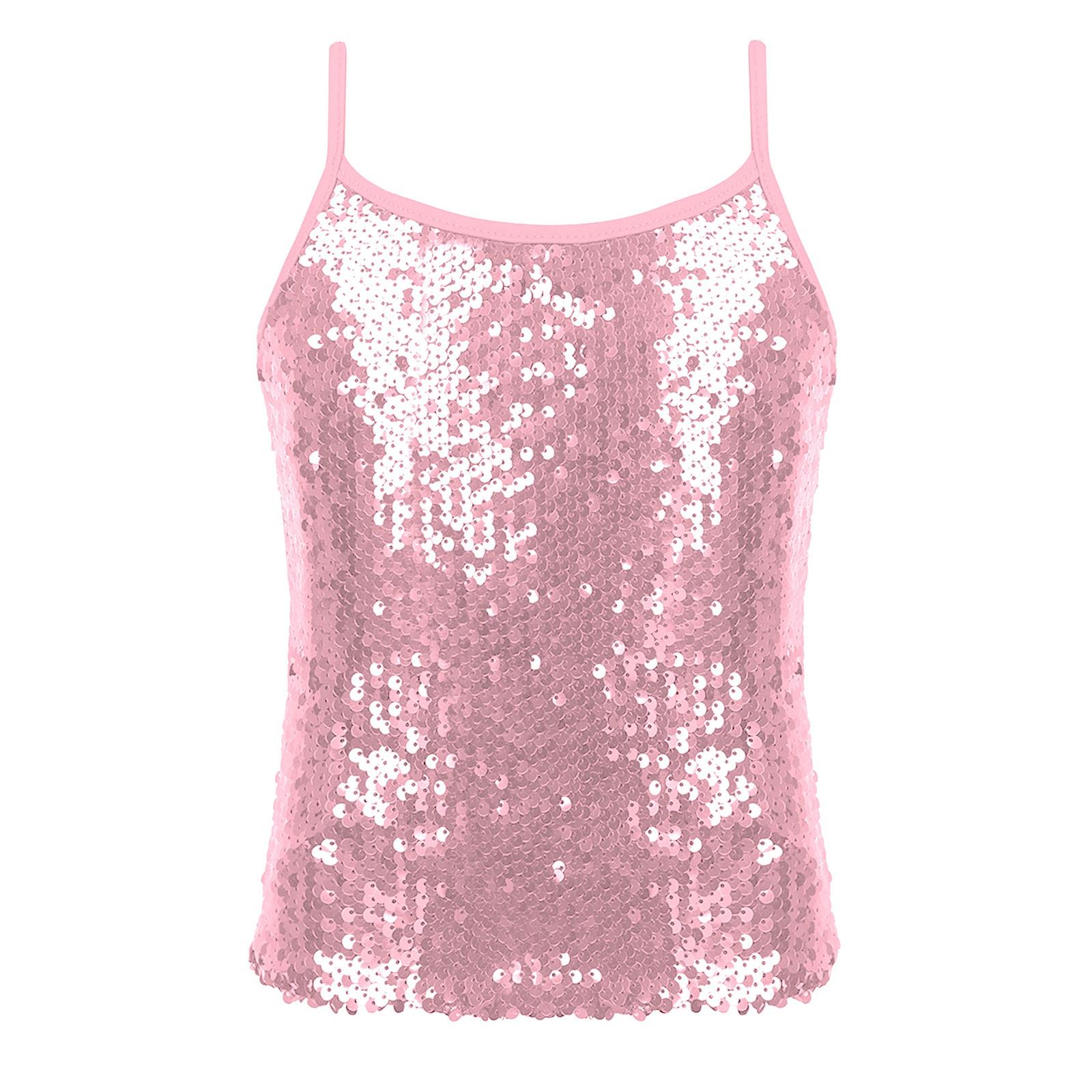 Kinder Mädchen Glitzer Pailletten Cami Tank Top Bühnenkostüme Weste Tops Streetwear 9-10 Years rosa