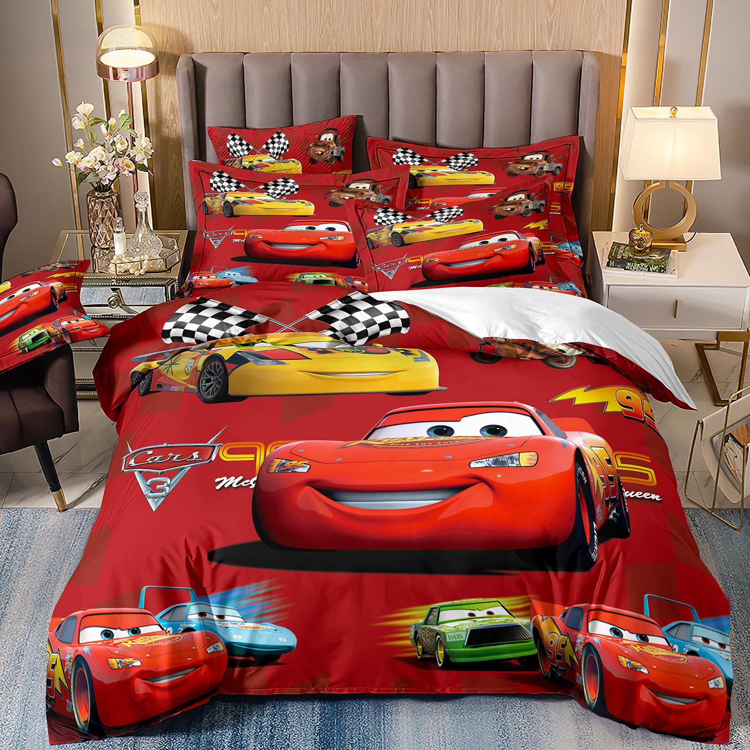 Autos Lightning McQueen Bettwäsche-Sets Teenager Jungen 3D-Druck Bettbezug und Kissenbezüge Kinder Tagesdecke Rote Autos Motive US King(264*228cm)3pcs