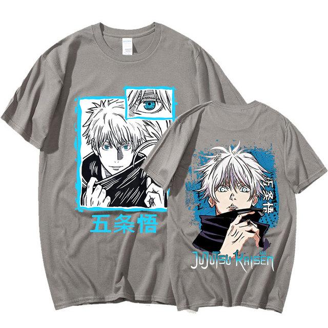 Anime Jujutsu Kaisen Satoru Gojo Grafik Gedruckt T-shirt Männer Frauen Casual Kurzen Ärmeln Baumwolle Sommer T-shirts Übergroßen Gothic Streetwear L dunkelgrau