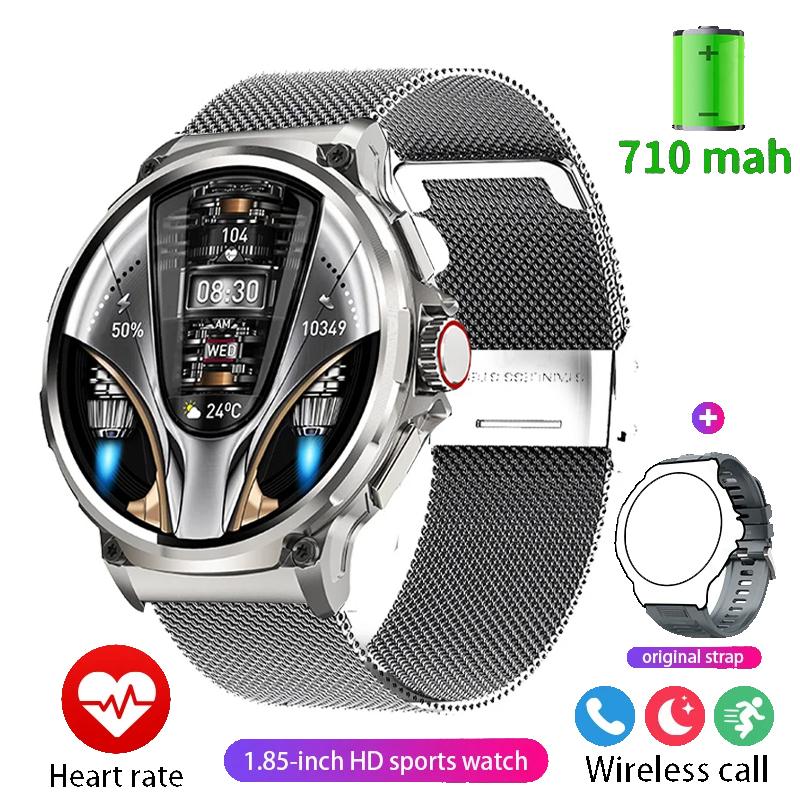 2024 Neue GPS-Track-Smartwatch in Militärqualität für Herren, 1,85 Zoll, Ultra HD, Bluetooth-Anruf, 710 mAh, Blutdruck, Blutsauerstoff, Smartwatch Silicone + mesh steel silber