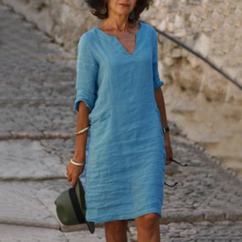 Sommer V-Ausschnitt Baumwolle und Leinen Freizeitkleid Damen Elegant Kurzarm Übergröße Kleid Frau Fashion Solid Lose A-Linie Kleider Weiblich 1033 2XL hellblaue