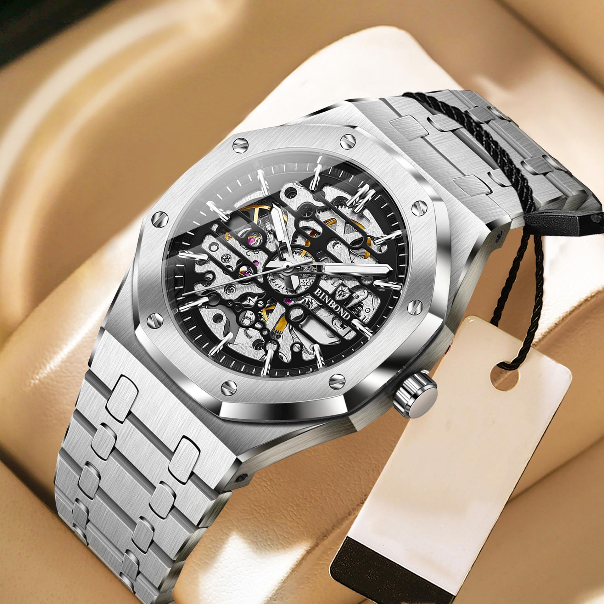Automatische Herrenuhren Mechanische Tourbillon Armbanduhr Wasserdicht Business Edelstahl Business Herrenuhren schwarz/silber