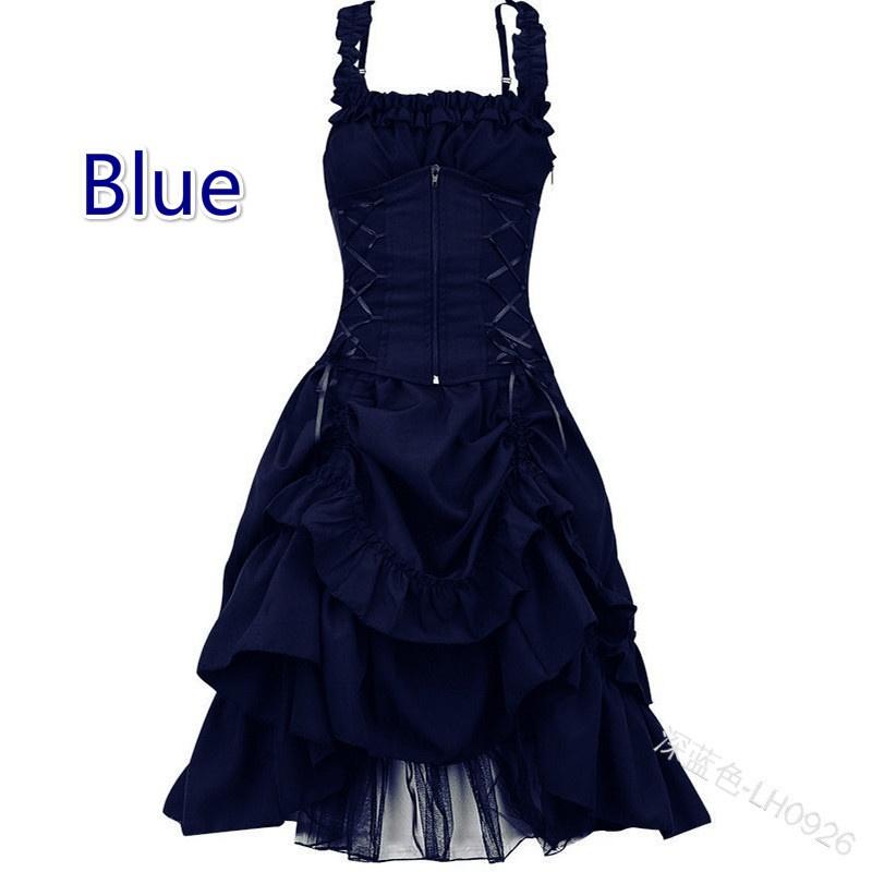 5 Farben Vintage Lolita Kleid Süßes viktorianisches Gothic Vestido Retro Palast Hof Prinzessin Kleid Ärmelloses langes Kleid Cosplay Renaissance Kleid XXL blau