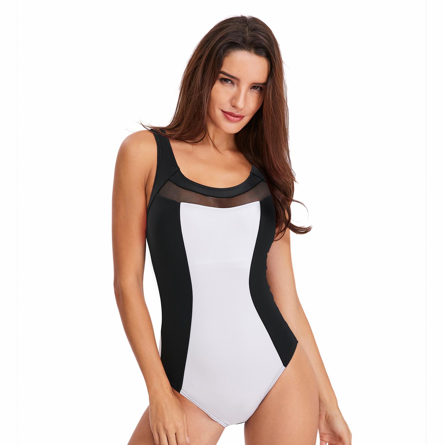 TUINANLE Frauen Sexy Bodysuit Bademode Push-Up Badeanzug Einteiliger Mesh Patchwork Schwimmen Badeanzug S weiß