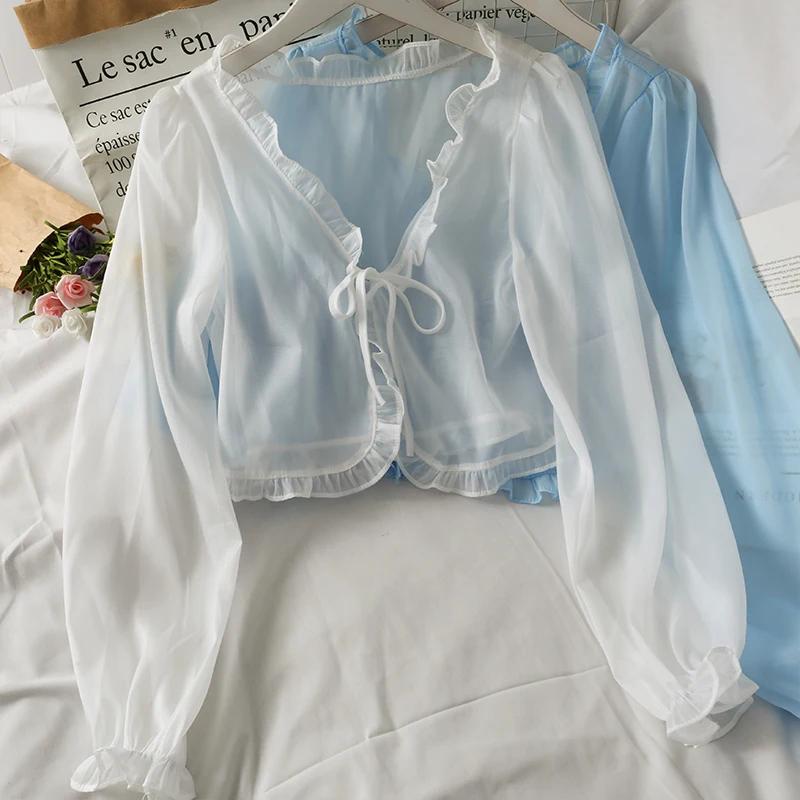Langärmlige dünne atmungsaktive T-Shirts Damen Spitze Schleife Strickjacke Bluse Kleidung Rüschen Sonnenschutz Oberbekleidung Bluse für Überwürfe XXL weiß
