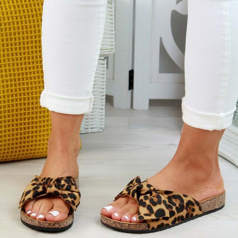 Mode Damen Sandalen 2025 Sommer Plateau Retro Sandalen Frau Mode Schleife Leopard Strand Hausschuhe Damen Übergröße 42 Leo-Print