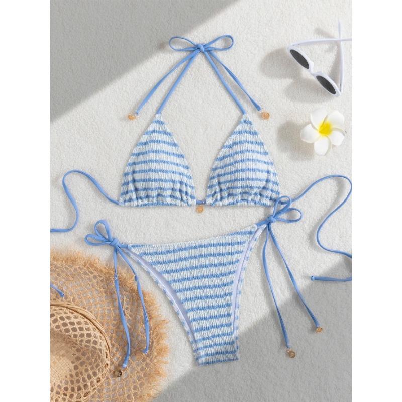 Damen gestreifter und Wasserwellen-Split-Badeanzug sexy Bikini SexHy Bikini-Badeanzug Colorblocking Mode hochwertig heiße Quelle par XS white