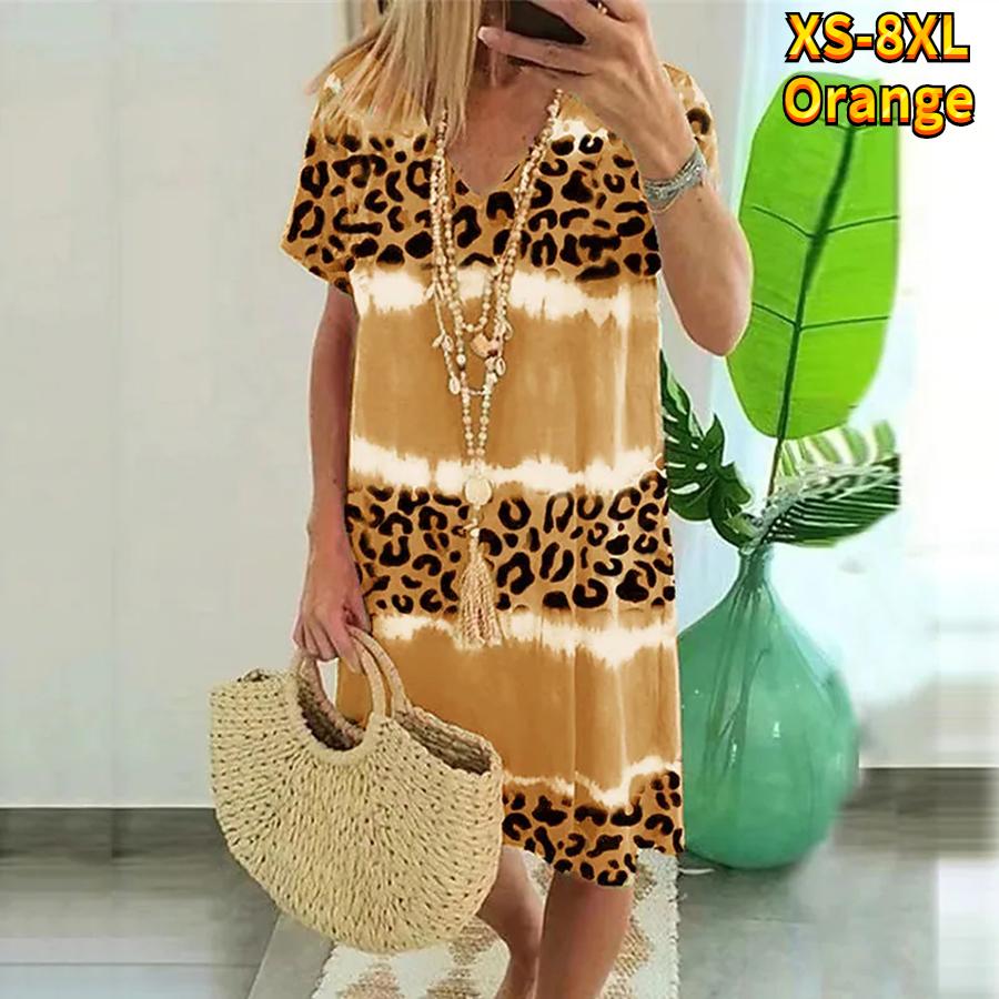 Sommer Mode V-ausschnitt Kleid Damen Kurzarm Blau Leopard Print Gedruckt Kleid Lose Casual Kleid für Frauen 8XL orange