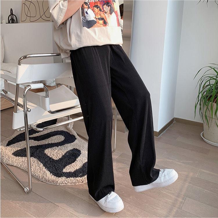 Herren Mode Sommer Kleidung Elastische Taille Casual Hosen Streetwear Lose Eis Seide Hosen Mann Baggy Breites Bein Plissee Gerade Hosen Hosen M-5XL M schwarz