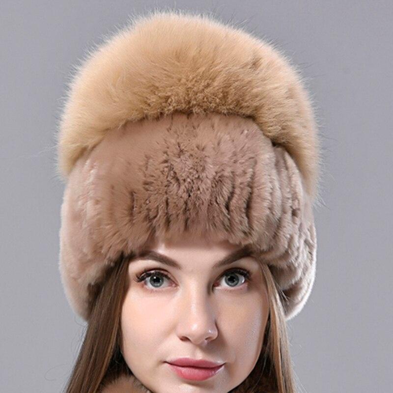 Natürliche Pelz Hüte Frauen Gestrickte Kaninchen Fuchs Flauschigen Winter Warme Weibliche Hut Luxus Kopfbedeckungen Echtpelz Mützen Kappe One Size khaki