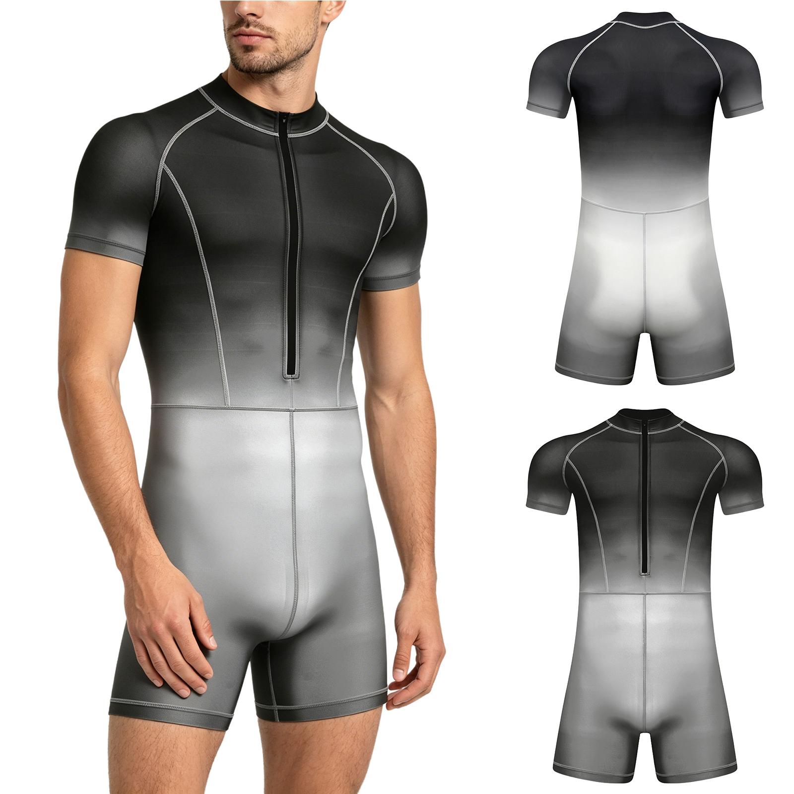 Herren Einteiler Badeanzug Farbverlauf S-3XL Kurzarm Reißverschluss vorne Boyshorts Rash Guard Jumpsuit zum Surfen Schwimmen Tauchen M schwarz