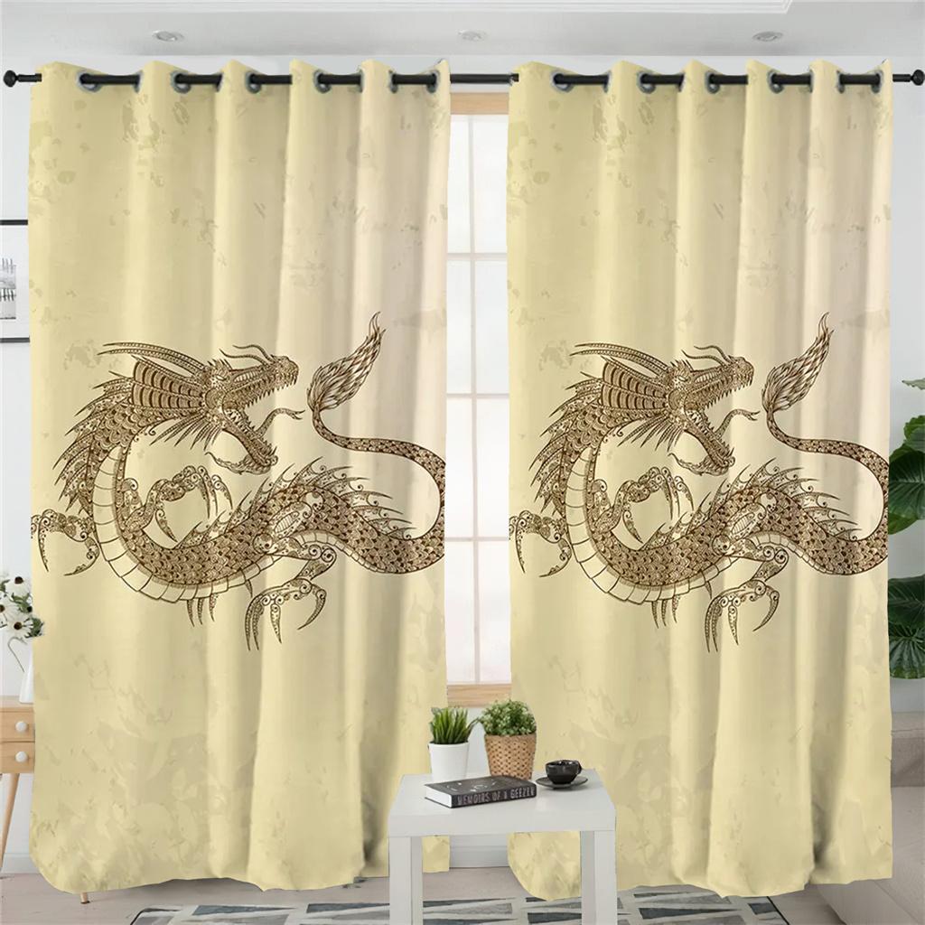 3D Dunkle Drachen Vorhänge Antike Heilige Drachen Familien Vorhänge 2 Paneele Kinderzimmer Wohnzimmer Schlafzimmer Balkon Dekor Vorhänge 50W130H(CM)x2&Grommet Top beige