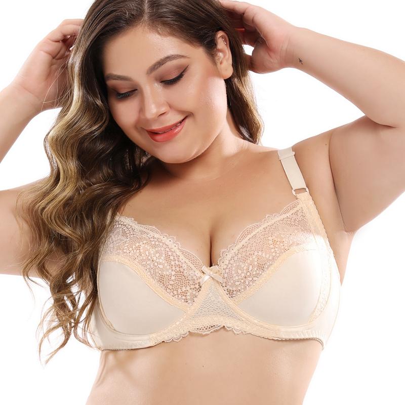 Dünne Körbchen-BHs für Frauen mit Bügel, sexy Spitzenunterwäsche in Übergröße, Körbchengröße 38D-48 D 90D beige