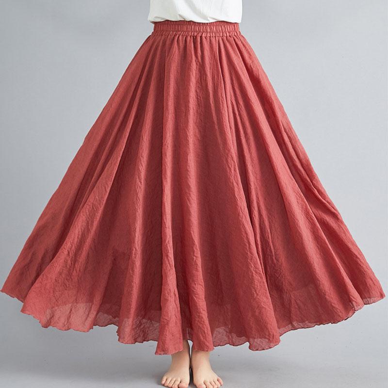 Sommer Herbst Damen Rock Literarisch Große Baumwolle Leinen Halbrock Elastische Taille Leinen A-Linie Rock Langer Abschnitt Reine Farbe Wind Swing Rock M ziegelrot
