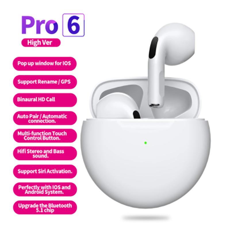 Air Pro 6 Kabellose Kopfhörer mit Mikrofon, Fone Bluetooth-Kopfhörer, Sport-Ohrhörer, Lauf-Pro6-Headset für Apple IPhone Xiaomi weiß