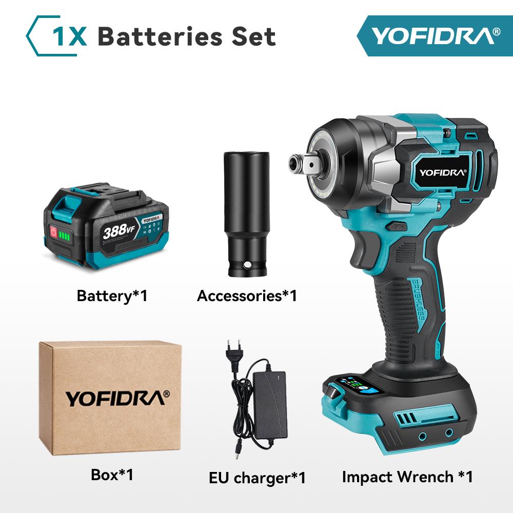 YOFIDRA 1200N.m Bürstenloser elektrischer Schlagschrauber 1/2'' Akkuschrauber Autoreparatur 5-Gang-Elektrowerkzeug für Makita 18V Batterie 1 Battery-EU